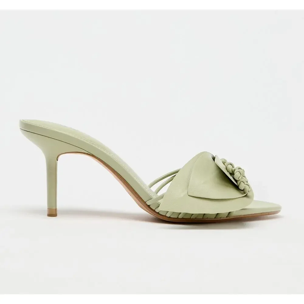 Zara NWT Sage Green Rosette Mule Heels Sandals 8